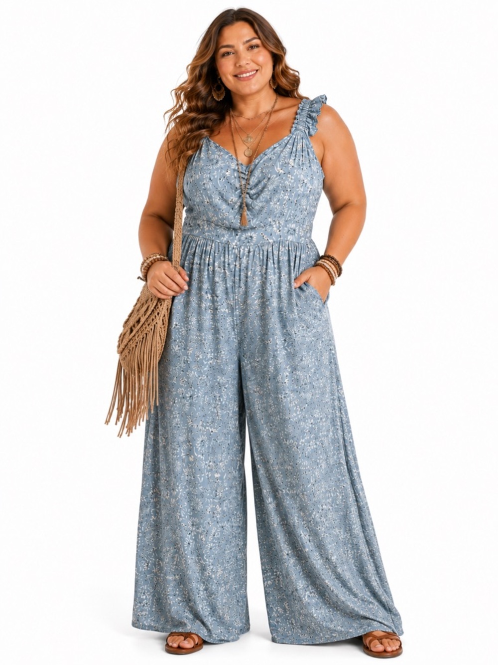 Torrid Floral Wide Leg Jumpsuit Blue Ruffle Strap Size 1 1X New Romantic Boho